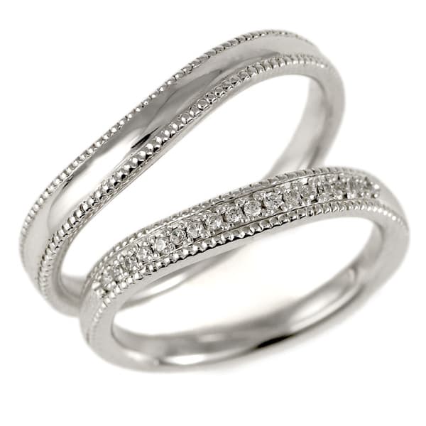 【2本セット】プラチナ ダイヤモンド ミル打ち V字 リング 結婚指輪 マリッジリング