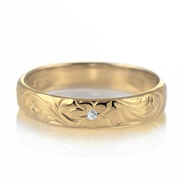 ハワイアンジュエリー マリッジリング 結婚指輪 ダイヤモンド リング K18イエローゴールド スクロール4mm