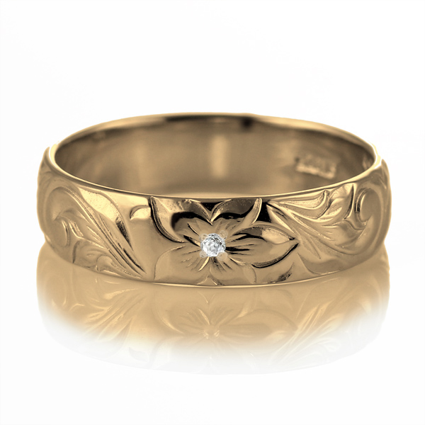 ハワイアンジュエリー マリッジリング 結婚指輪 ダイヤモンド リング K18イエローゴールド スクロール5mm