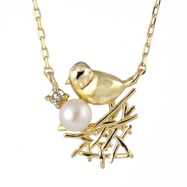 ネックレス ダイヤモンド K10イエローゴールド 淡水パール 鳥 バード レディース　真珠